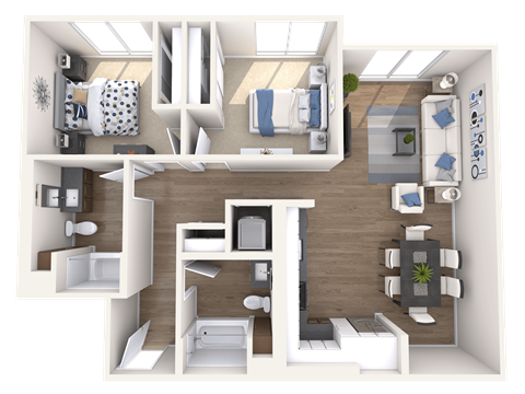 a 3d rendering of a bedroom and living room